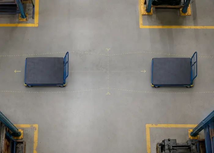 Carrinho industrial sendo testado nos dois sentidos sobre o mesmo trecho de piso