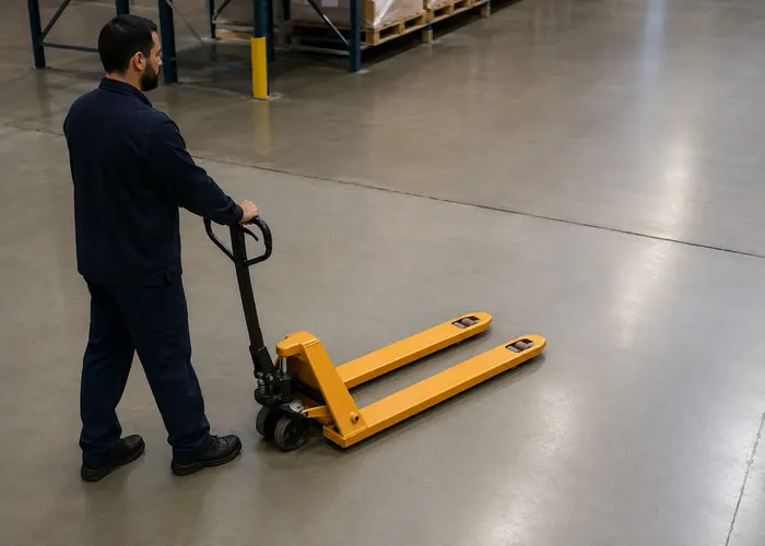 Paleteira manual vazia sendo testada em piso plano e limpo