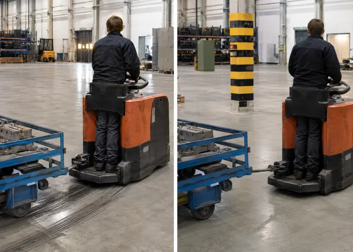 Comparação entre roda motriz patinando e rebocador perdendo potência sem patinação