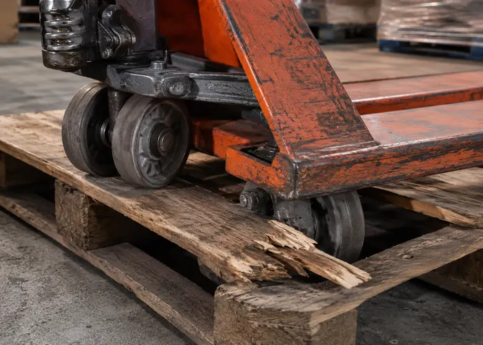 Roda de carga da paleteira posicionada sobre uma travessa quebrada do pallet
