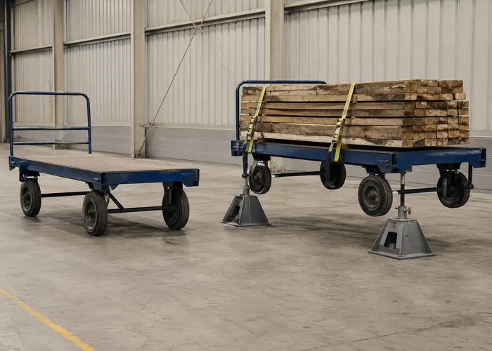 Carga descentralizada comprimindo mais uma roda do carrinho industrial