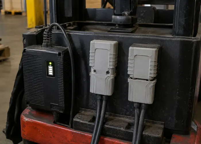 Carregador e conector da bateria de uma paleteira sendo inspecionados antes do turno