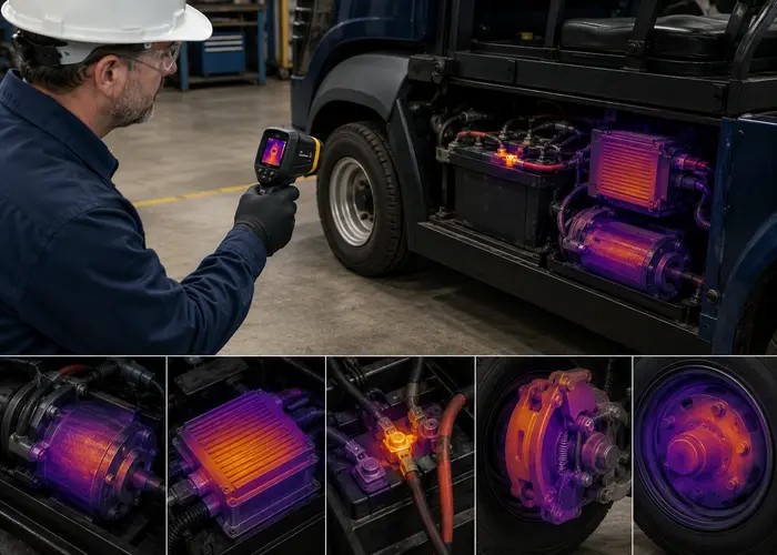 Comparação térmica entre motor, controlador, terminal elétrico, freio e roda