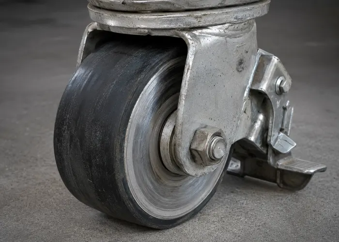 Marcas de atrito entre a lateral da roda e o garfo do rodízio