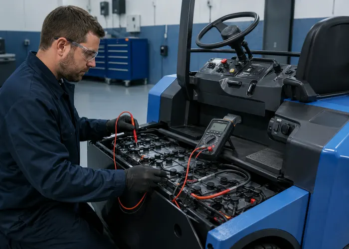 Medição da bateria de um rebocador elétrico durante teste controlado sob esforço