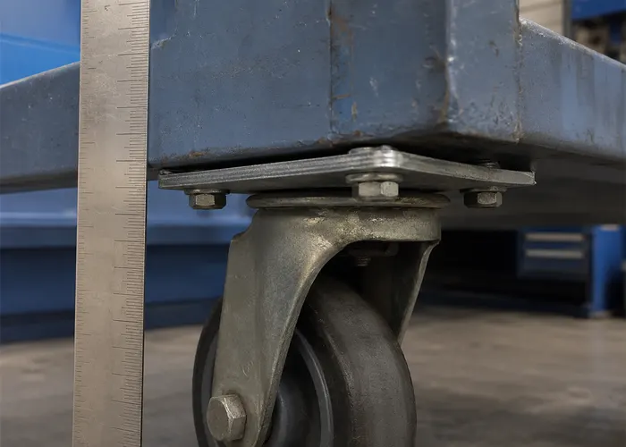 Rodízio montado sobre placa de fixação levemente empenada no carrinho