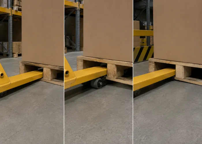 Comparação dos pontos onde os garfos da paleteira podem parar durante a entrada no pallet